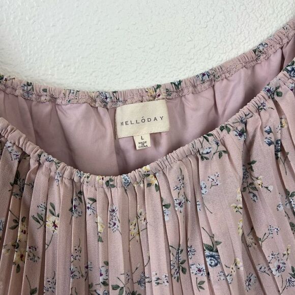 MELLODAY Pink Floral Off Shoulder Pleated Dress sz L - Picture 3 of 7